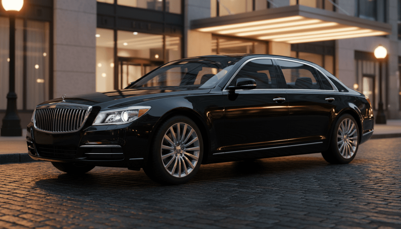 Luxury black sedan parked outside Chicago high-rise at dusk with street lighting