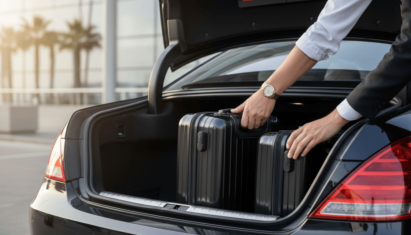 Close-up of professional luggage assistance at Blackout Luxury vehicle
