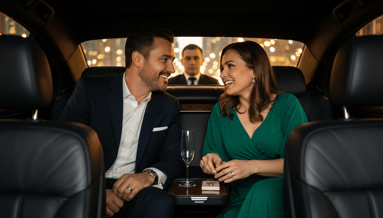 Couple enjoying date night in luxury chauffeur service