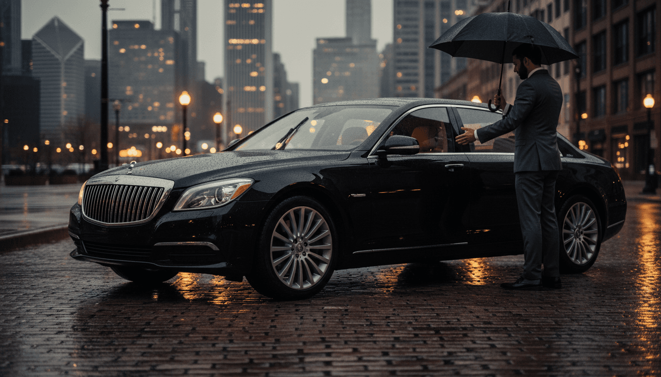 Blackout Luxury black sedan with professional driver opening rear door on Chicago street
